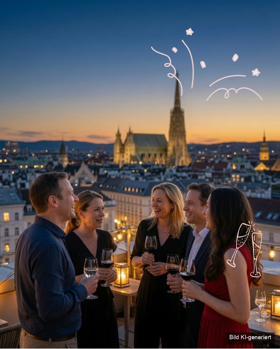 KI-generiertes Bild: Menschen im Gespräch auf einer Dachterrasse über Wien, im Hintergrund der Stephansdom
