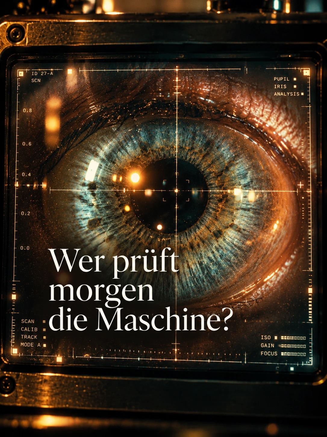 Auge hinter einem Messraster, darauf die Frage: Wer prüft morgen die Maschine?